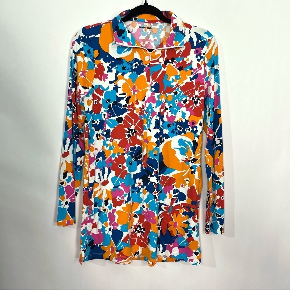 Lands' End Women's 1/4 Zip Long Sleeve Swim Cover Up UPF 50 Size S Floral Print